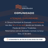 Câmara Municipal de Gramado não terá expediente nos feriados de 18 e 21 de abril