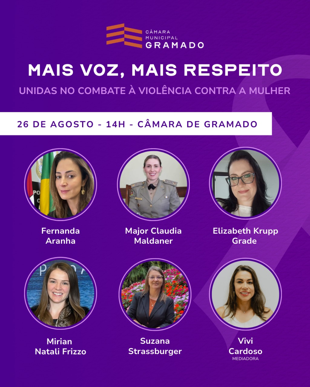Agosto Lilás: Câmara de Gramado promove painel sobre enfrentamento à violência contra a mulher