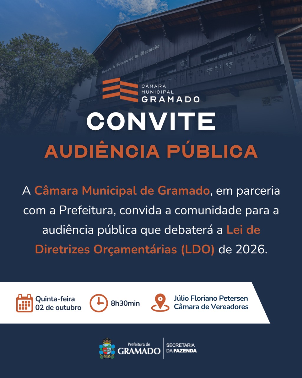 Câmara de Gramado convida comunidade para audiência pública sobre a LDO 2026