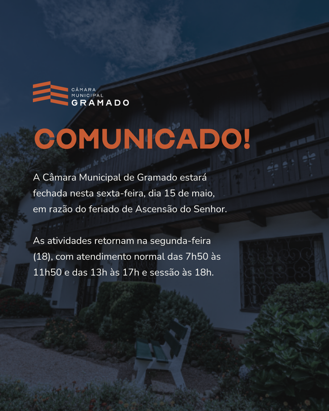 Câmara de Gramado estará fechada nesta sexta-feira (15)