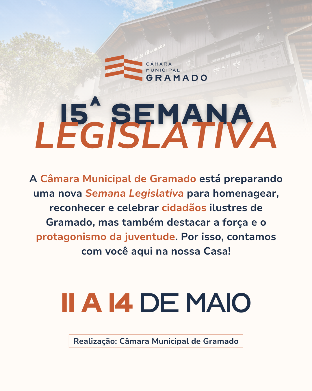 Câmara de Gramado prepara 15ª Semana Legislativa com homenagens e protagonismo jovem