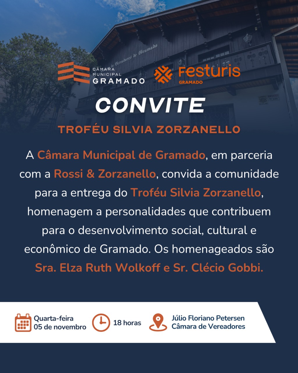 Câmara de Gramado realiza amanhã (05) a entrega do Troféu Silvia Zorzanello 