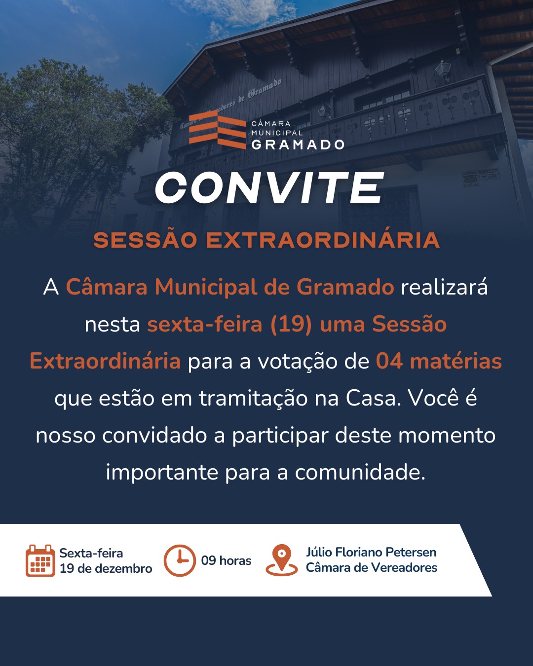 Câmara de Gramado realiza sessão extraordinária nesta sexta-feira com votação de projetos em tramitação