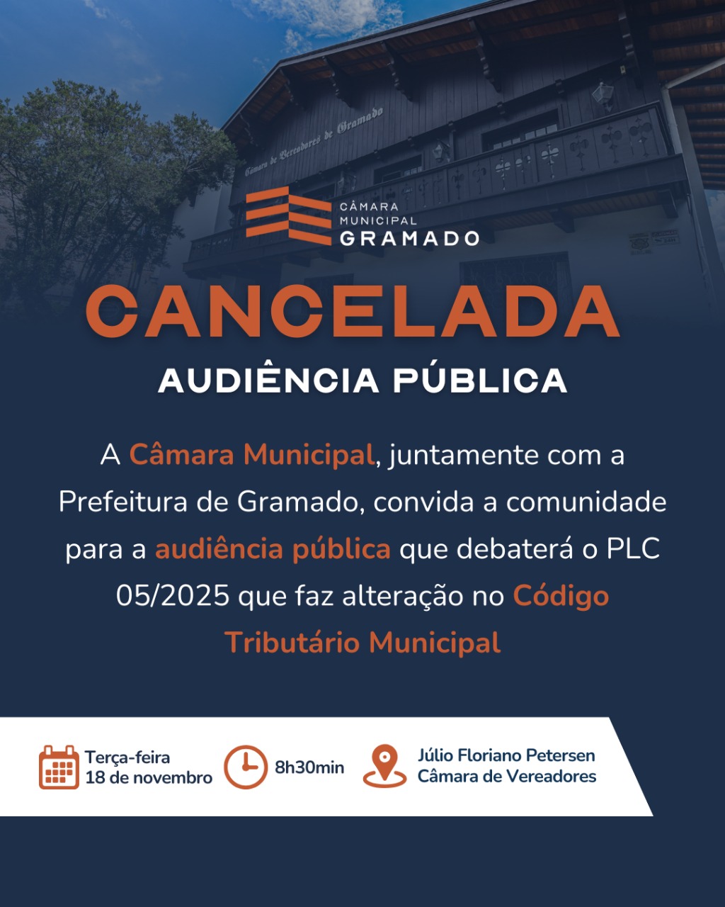 Câmara informa cancelamento de audiência pública desta terça-feira 