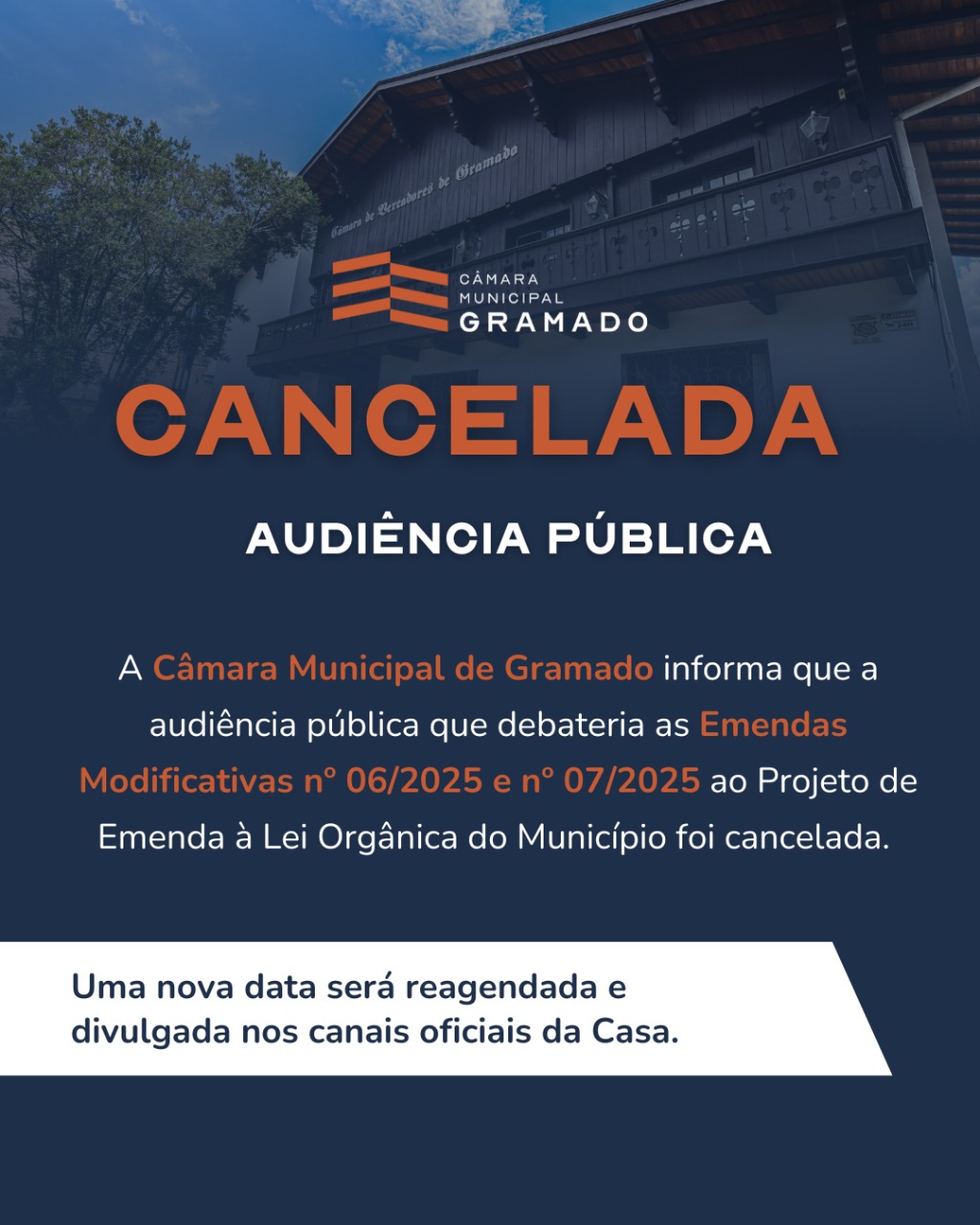 Câmara Municipal comunica adiamento de audiência sobre alterações na Lei Orgânica 