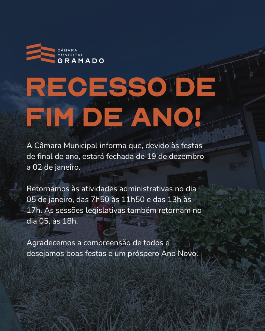 Câmara Municipal de Gramado divulga calendário de recesso