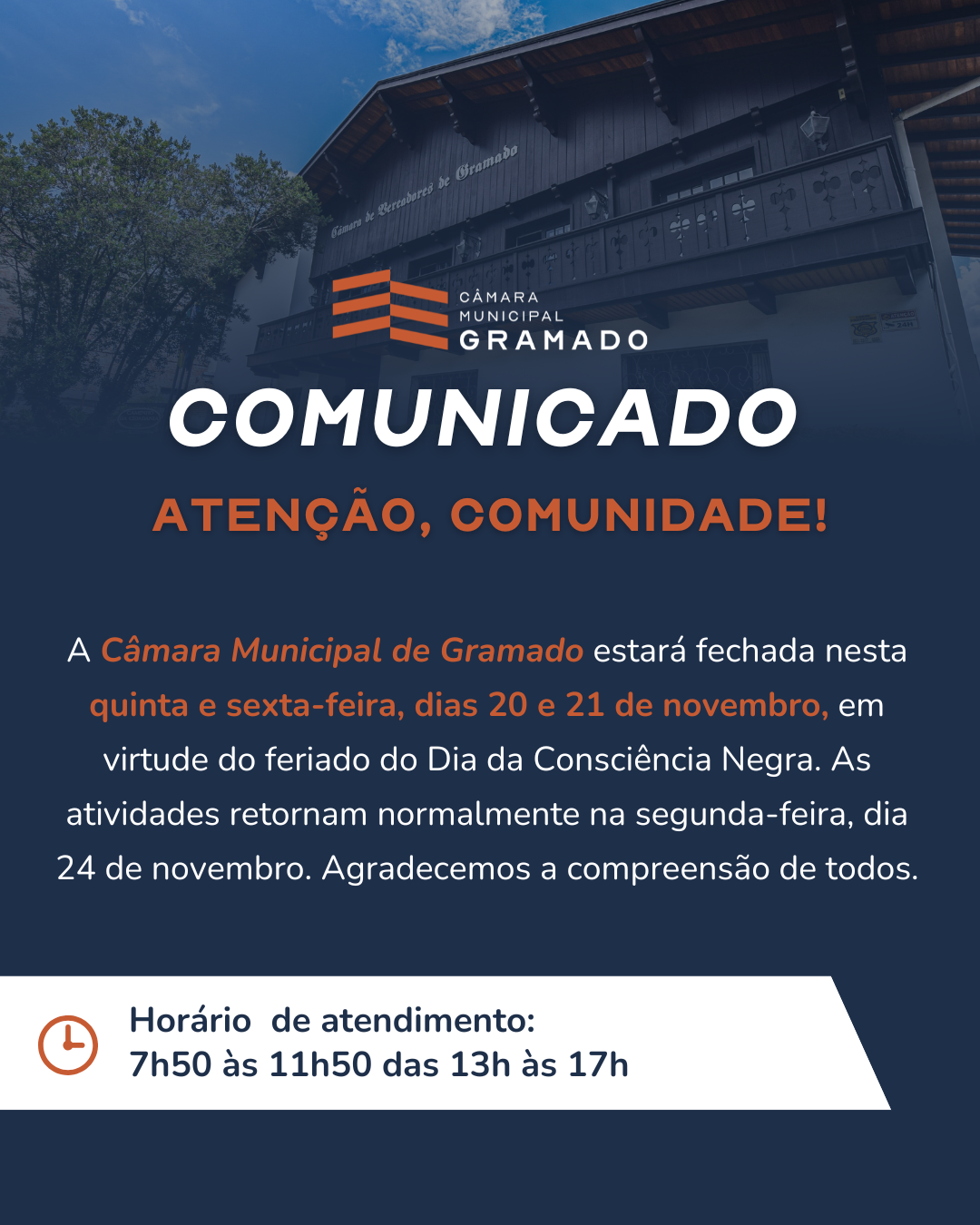 Feriado da Consciência Negra altera atendimento da Câmara Municipal